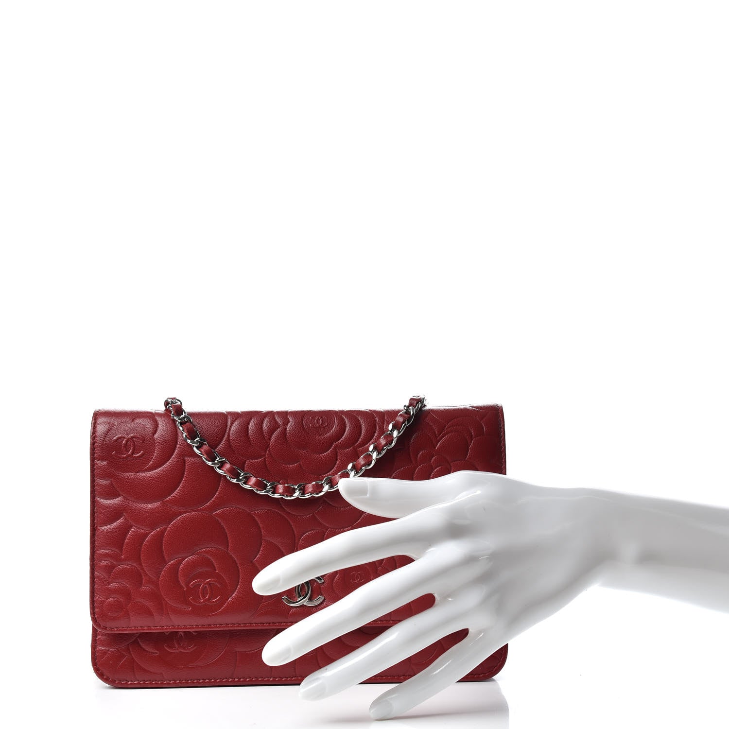 Chanel Lambskin Camellia Embossed Wallet On Chain WOC Red 2 of 9