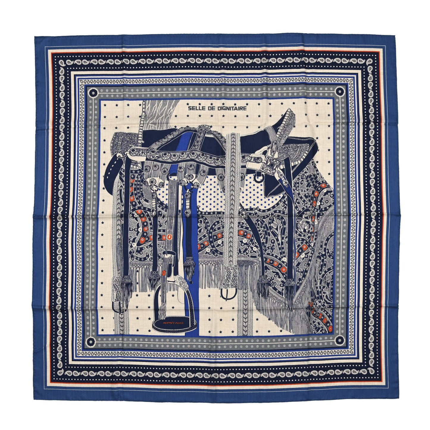 Cashmere Selle De Dignitaire Bandana Shawl 140 Bleu Royal Marine