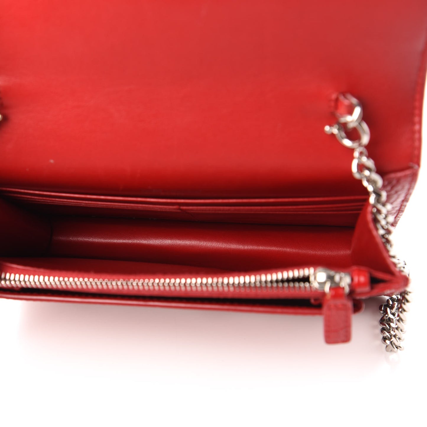 Calfskin Crocodile Embossed Monogram Sunset Chain Wallet New Lipstick Red