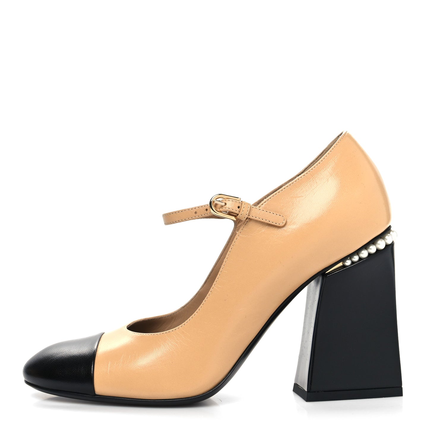 Shiny Goatskin Pearls Cap Toe Open Slingback Pumps 39 Beige Black