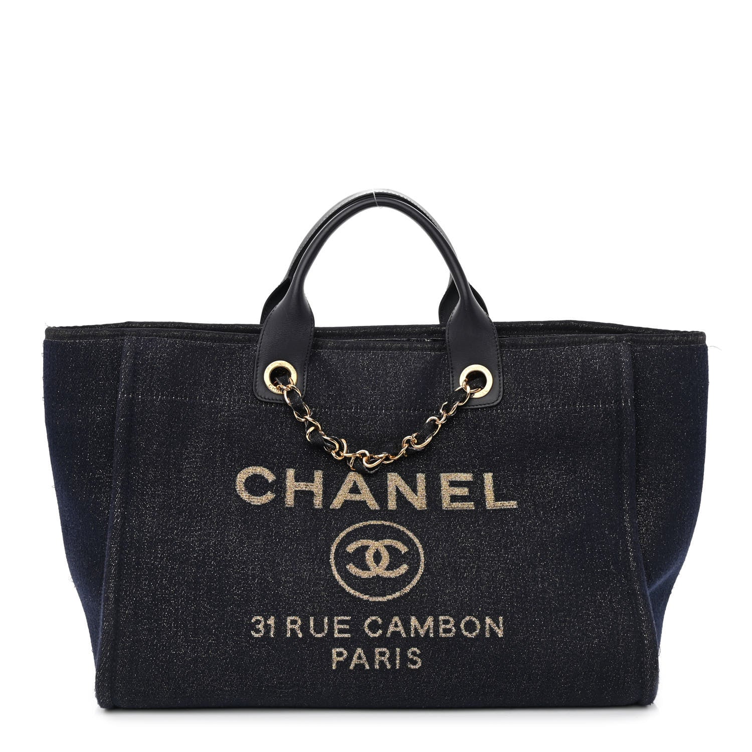 Chanel Lurex Canvas Medium Deauville Tote Navy Blue Gold 1 of 14