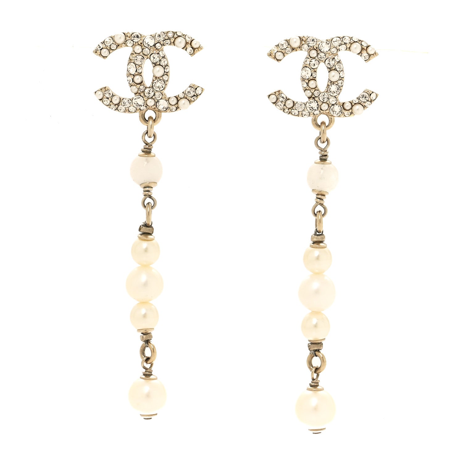 Chanel Pearl Crystal CC Drop Earrings Gold 1 of 5