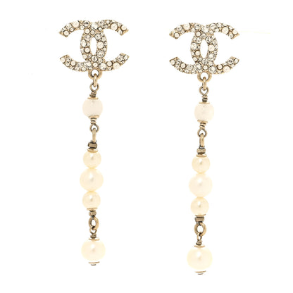 Chanel Pearl Crystal CC Drop Earrings Gold 1 of 5