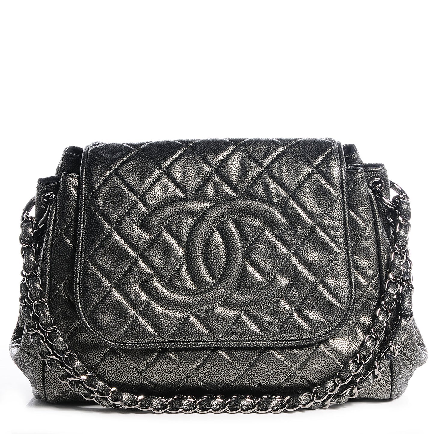 Caviar Quilted Timeless Accordion Flap Dark Silver