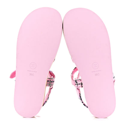 Chanel Tweed Lambskin Crystal CC Sandals 38 Pink Multicolor 4 of 8