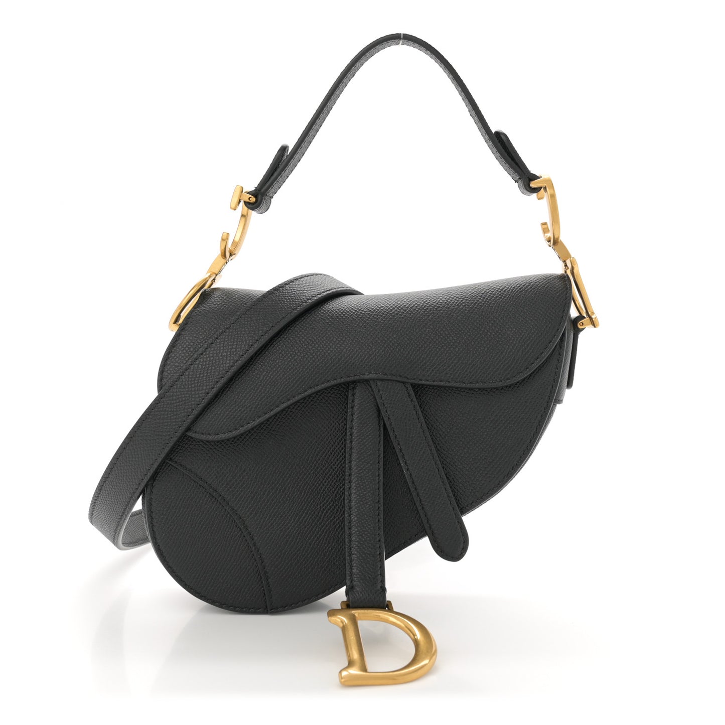 Grained Calfskin Mini Saddle Bag With Strap Black