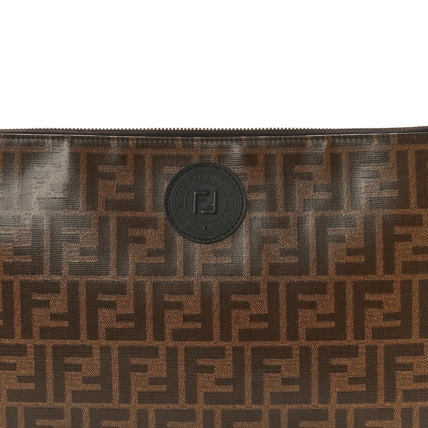 Glazed Fabric Vitello Century FF 1974 Stamp Patch Large Flat Pouch Mogano Panna Black