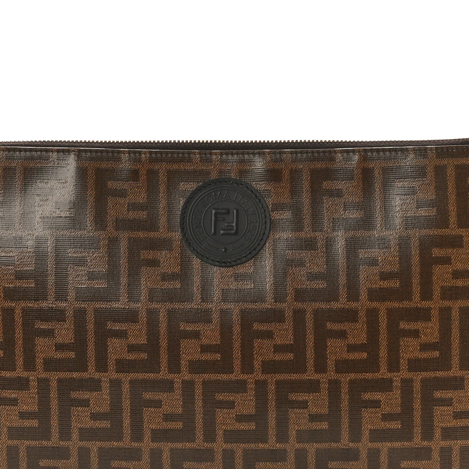 Fendi Glazed Fabric Vitello Century FF 1974 Stamp Patch Large Flat Pouch Mogano Panna Black 8 of 8