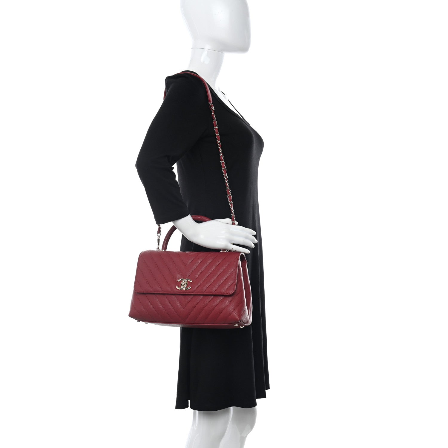 Chanel Caviar Lizard Embossed Chevron Quilted Small Coco Handle Flap Red 2 of 11