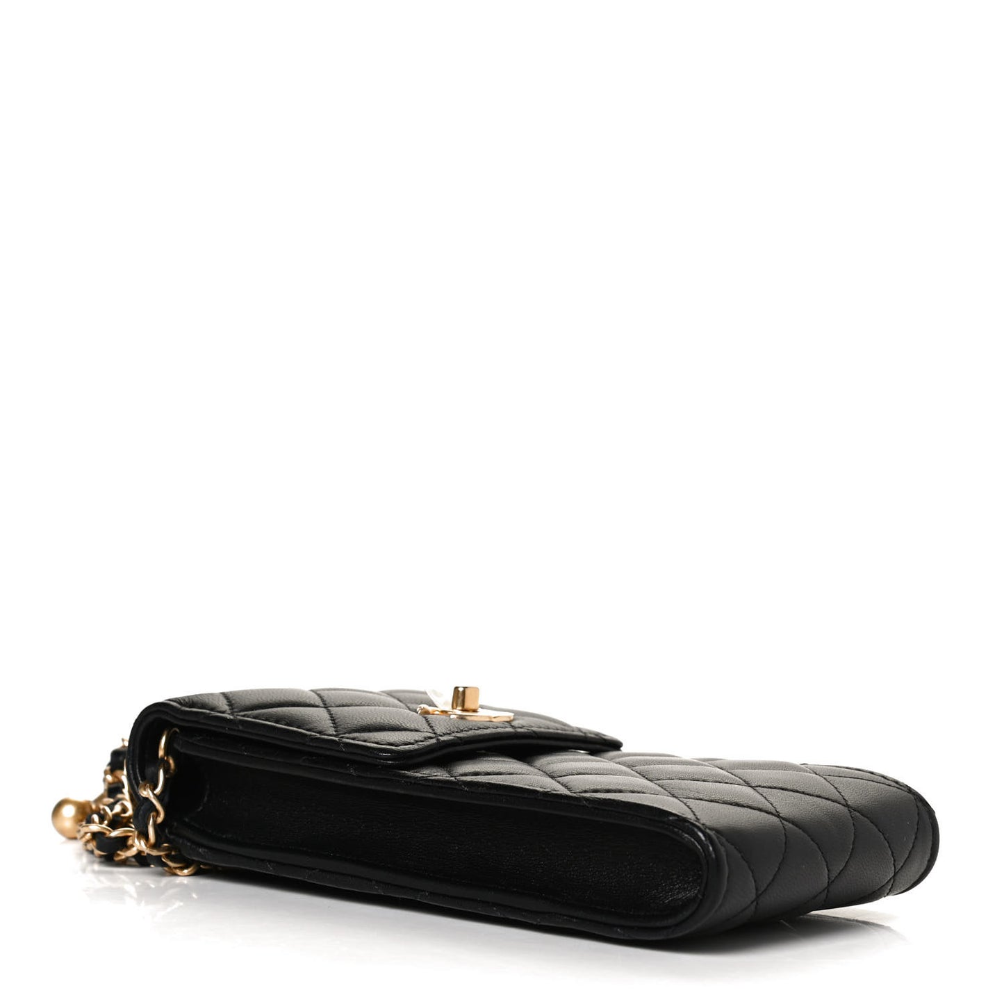 Lambskin Quilted Pearl Crush Phone Holder With Chain Black