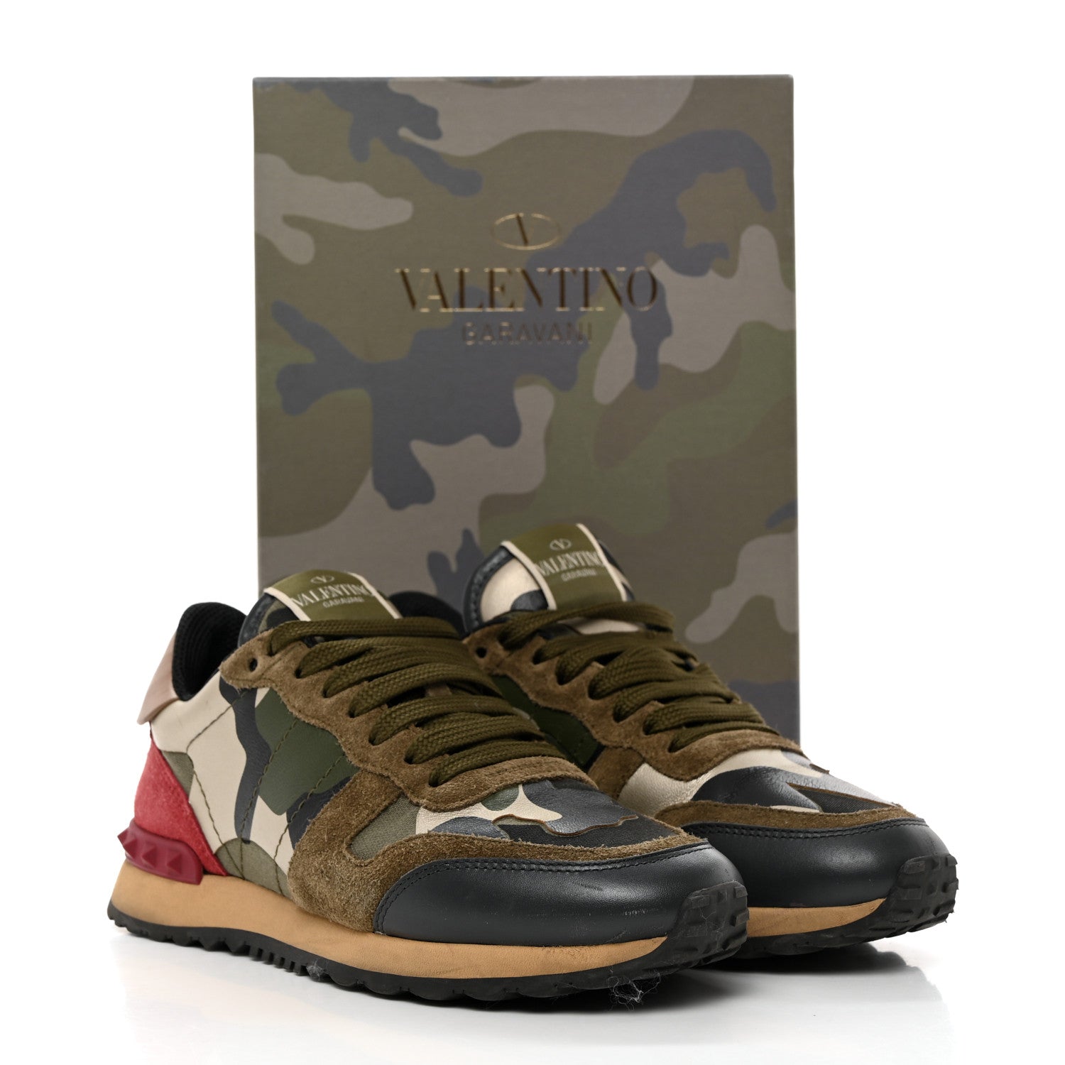 Valentino Garavani Nappa Fabric Suede Camouflage Womens Rockrunner Sneakers 36.5 Army Green Platino 1 of 9