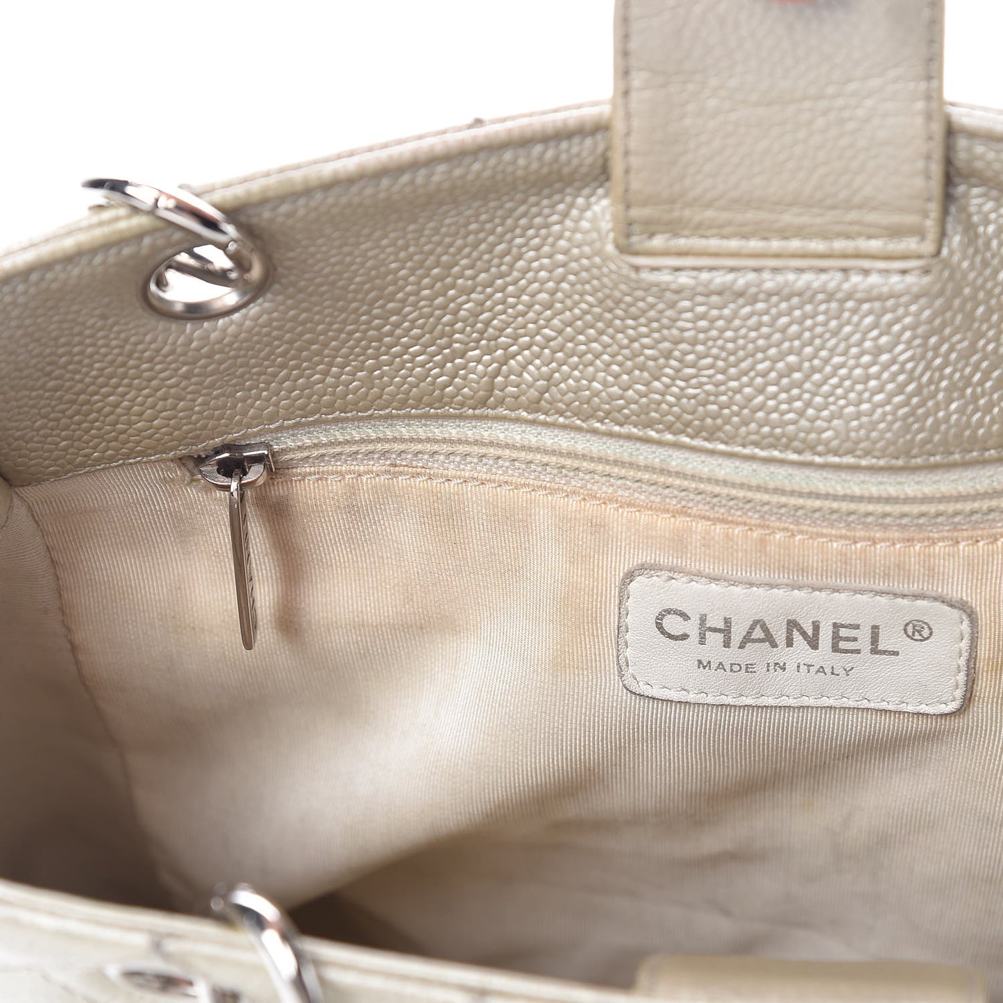 Metallic Caviar Quilted Petit Shopping Tote PST Pearl