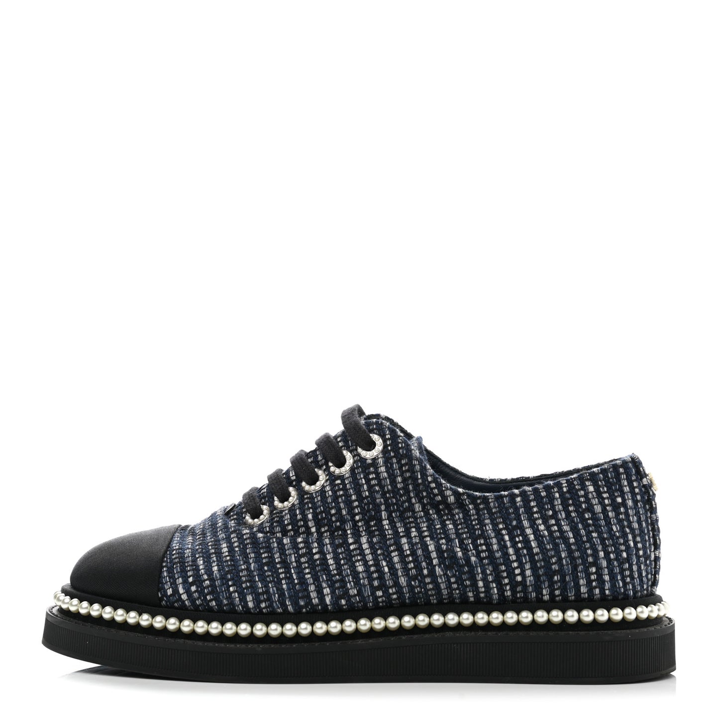 Denim Grosgrain Camellia Pearl Lace Up Sneakers 37.5 Blue Black