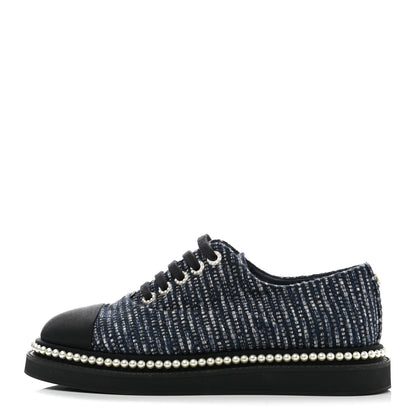Chanel Denim Grosgrain Camellia Pearl Lace Up Sneakers 37.5 Blue Black 1 of 9