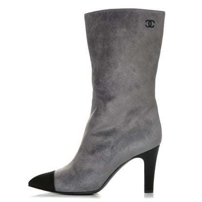 Chanel Suede Calfskin Satin Cap Toe Short Boots 39 Grey Black 1 of 12