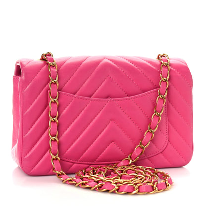 Chanel Lambskin Chevron Quilted Mini Rectangular Flap Dark Pink 3 of 9