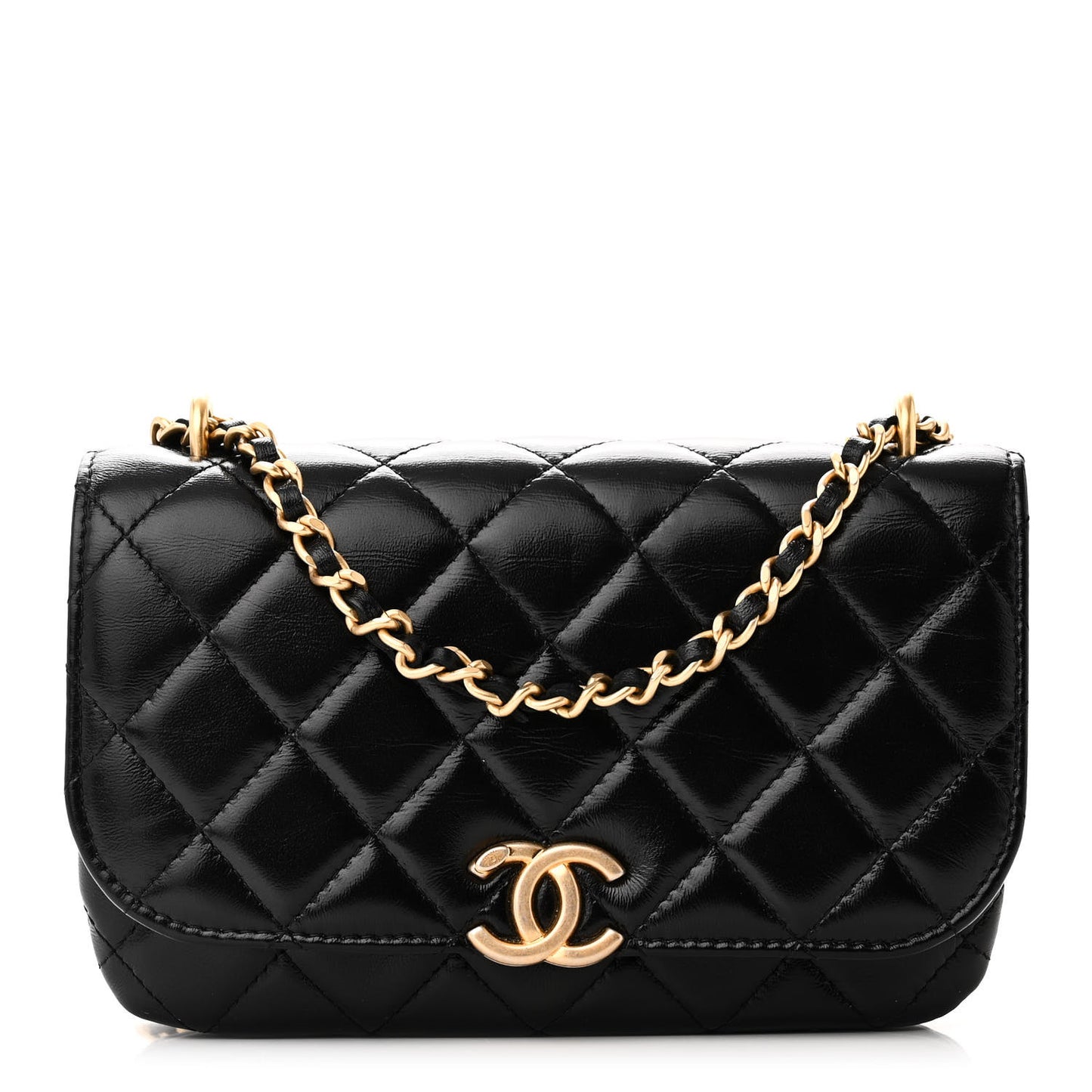 Shiny Lambskin Quilted Flap Phone Holder With Chain Black