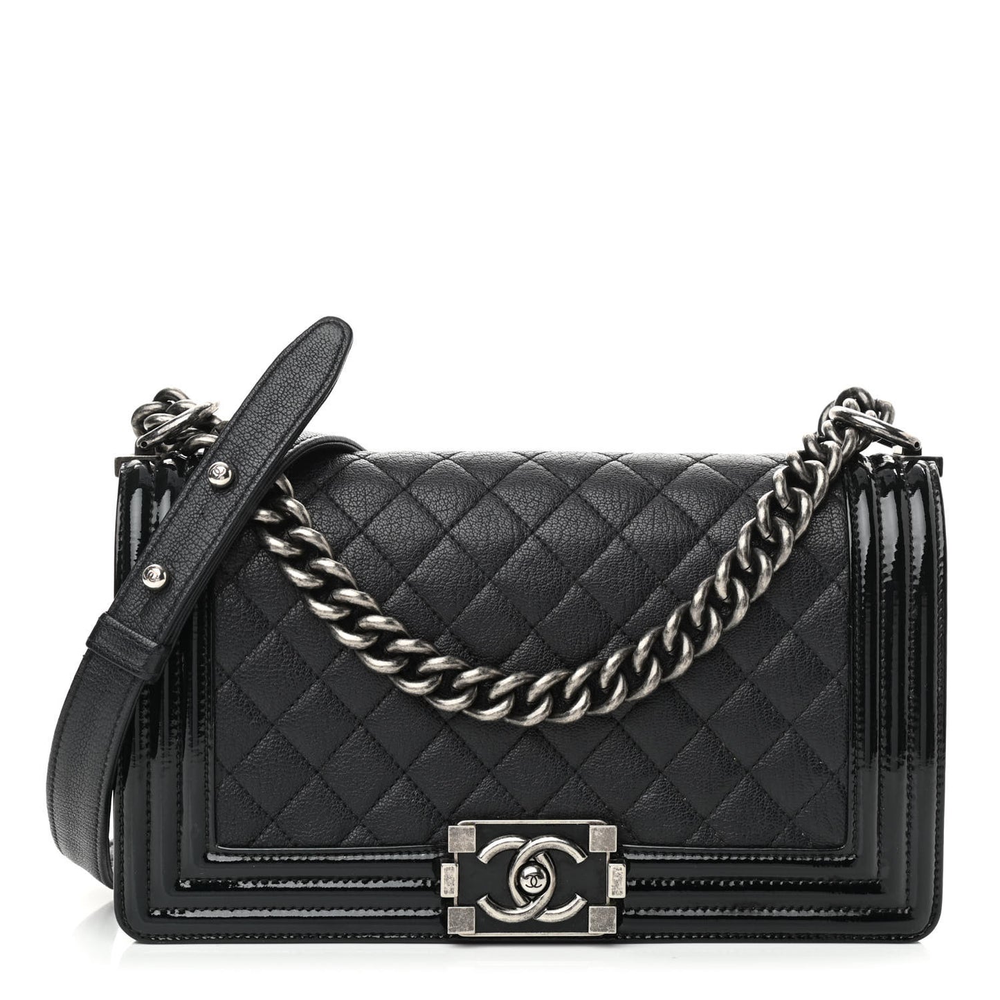Goatskin Quilted Patent Medium Duo Boy Flap Black