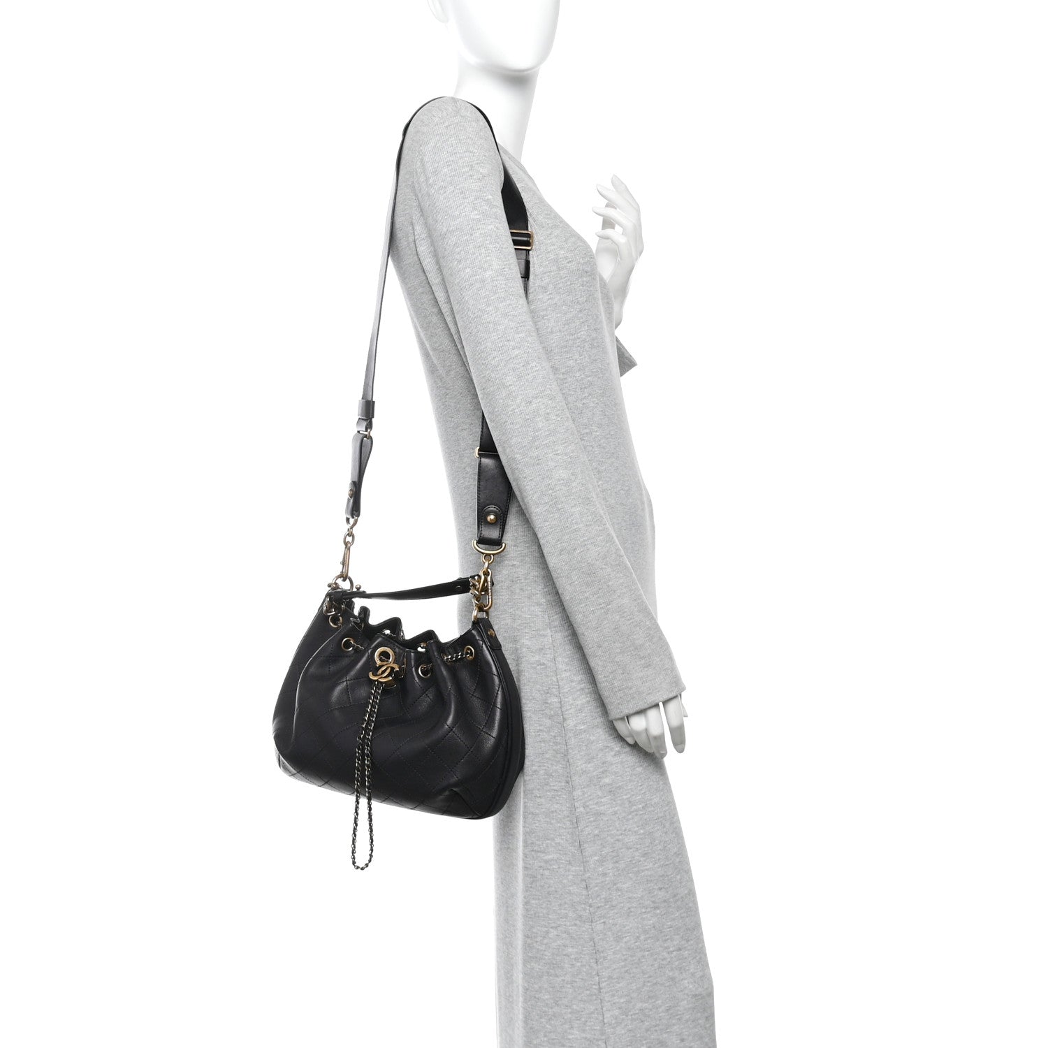 Chanel Calfskin Stitched Small Paris Rome Drawstring CC Bag Black 2 of 10
