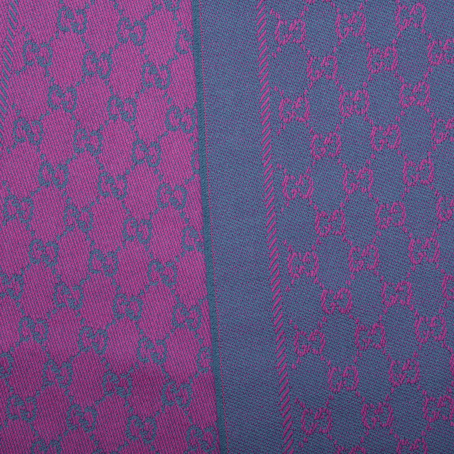 Gucci Wool GG Monogram Reversible New Sten Fringe Scarf Petroleum Blue Pink 2 of 4