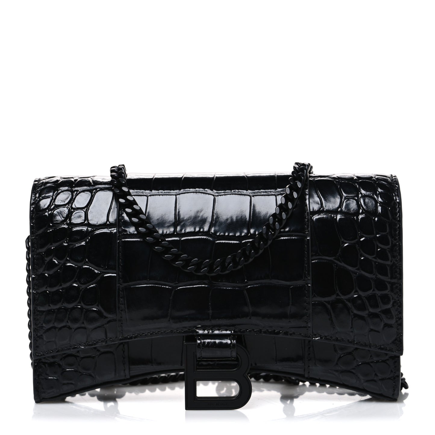 Shiny Calfskin Monochrome Crocodile Embossed Hourglass Chain Bag Black