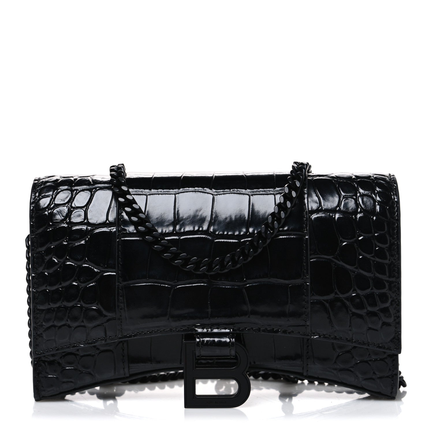 Balenciaga Shiny Calfskin Monochrome Crocodile Embossed Hourglass Chain Bag Black 1 of 9