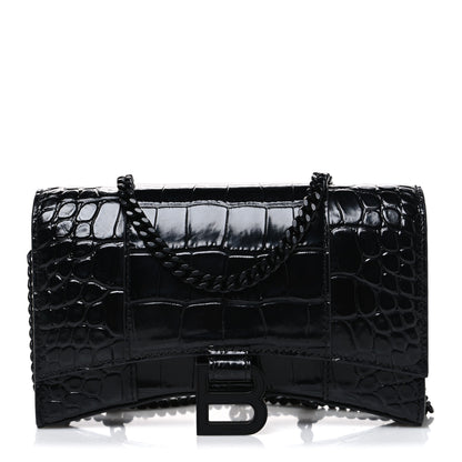 Balenciaga Shiny Calfskin Monochrome Crocodile Embossed Hourglass Chain Bag Black 1 of 9