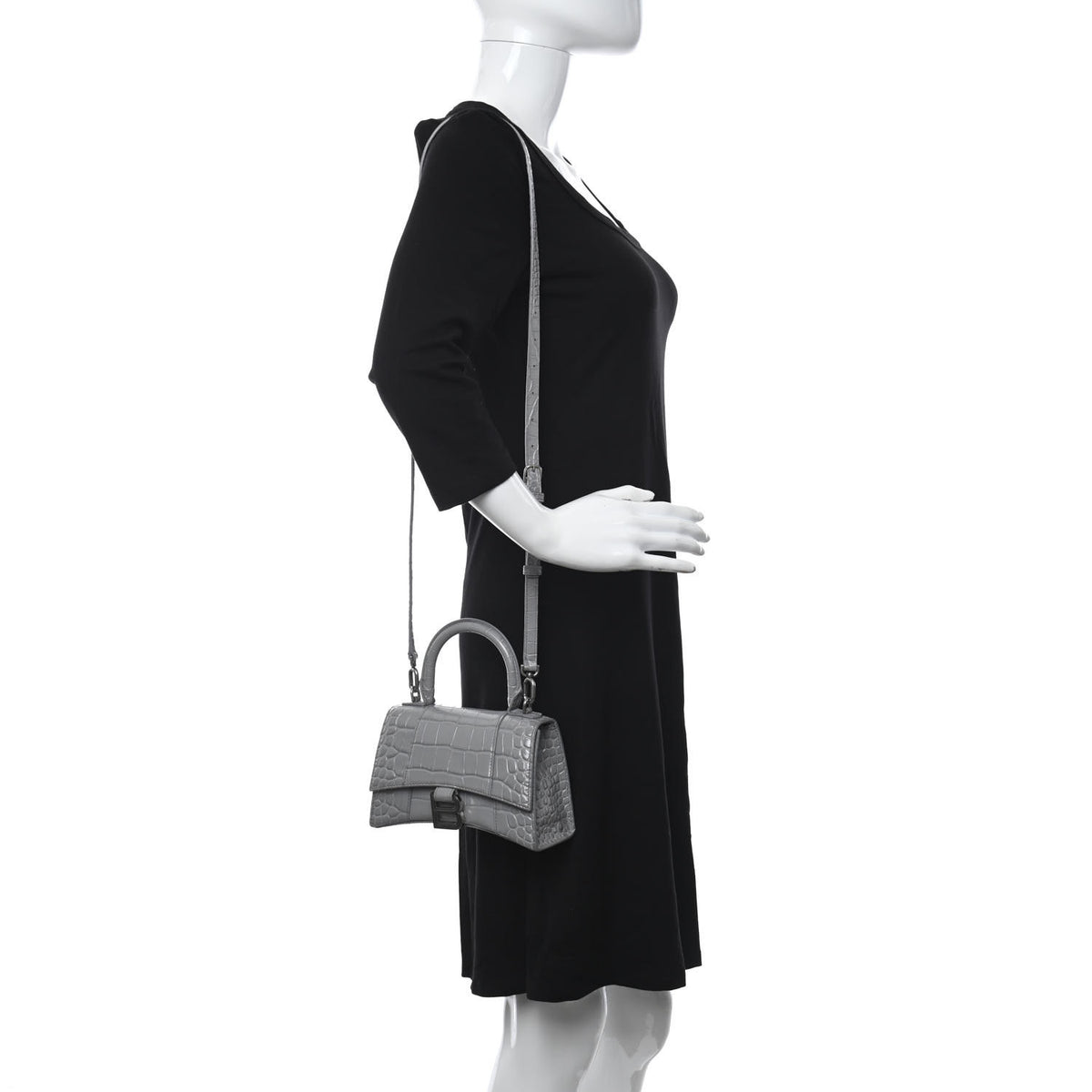 Shiny Calfskin Crocodile Embossed Hourglass Top Handle Bag XS Balenciaga Grey