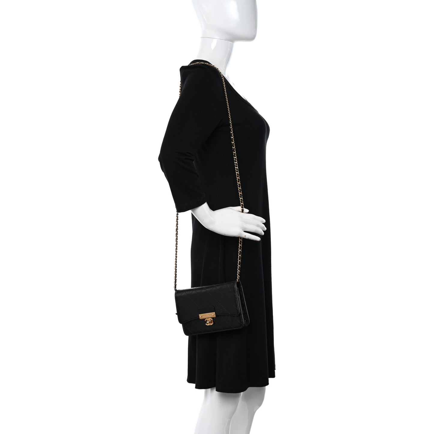 Aged Glazed Calfskin Stitched Golden Class CC Wallet on Chain WOC Black
