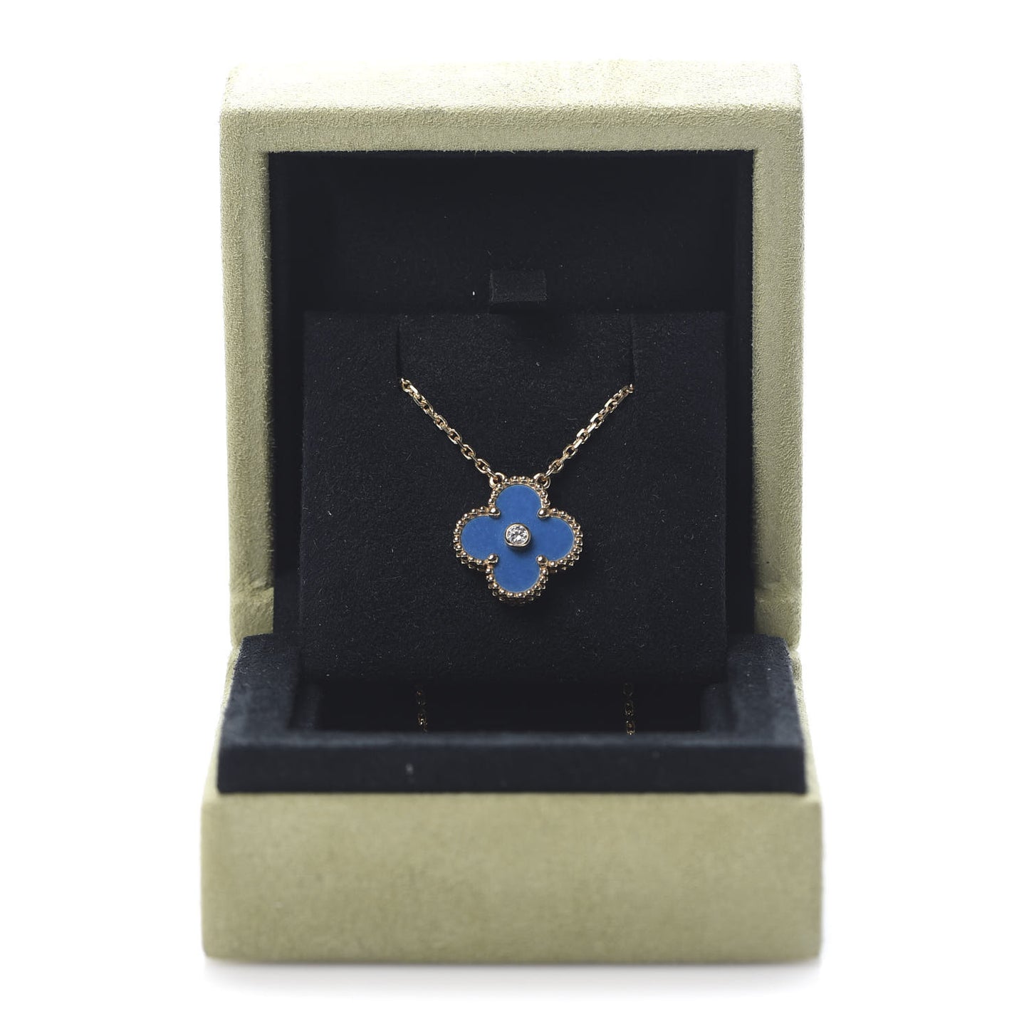 18K Yellow Gold Diamond Celestial Blue Sevres Porcelain Vintage Alhambra Pendant Necklace