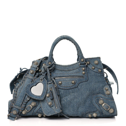 Balenciaga Washed Frayed Denim Crystal Neo Cagole City Handbag Blue 1 of 9