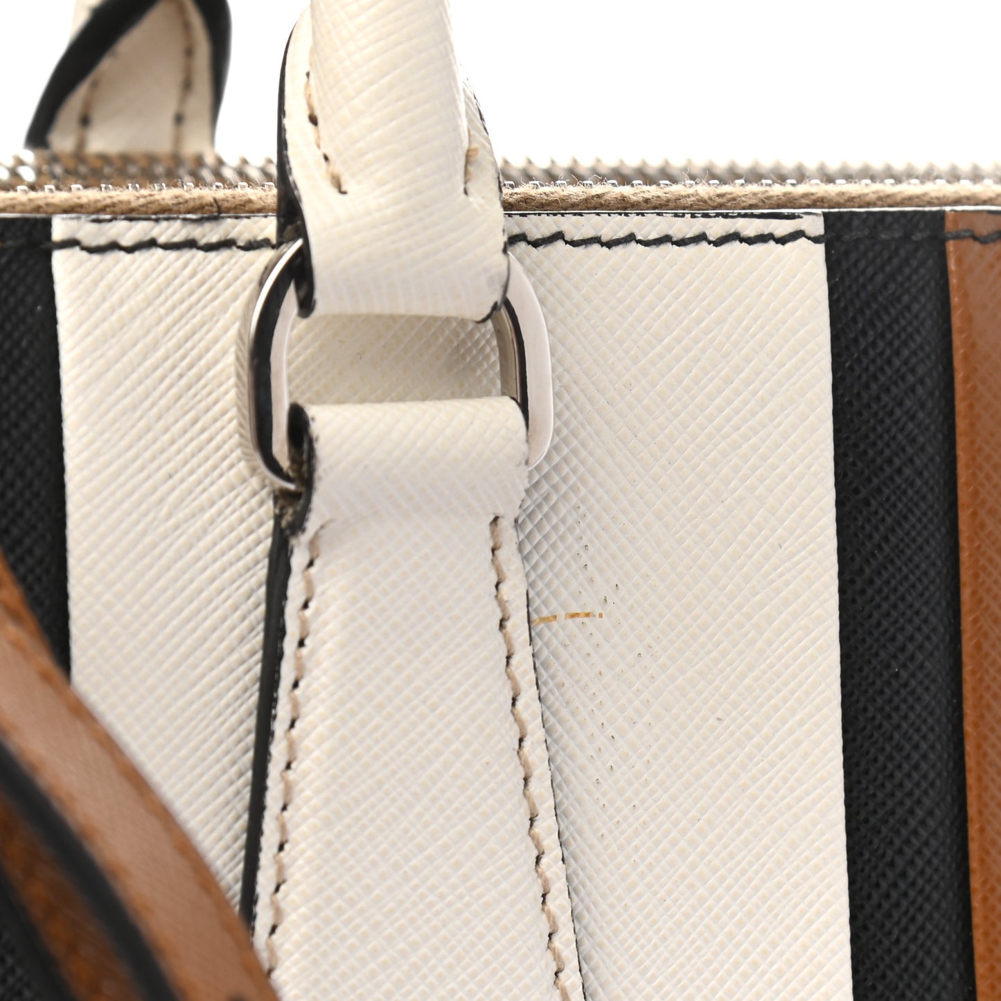 Saffiano Baiadera Striped Medium Galleria Double Zip Tote Caramel Black White