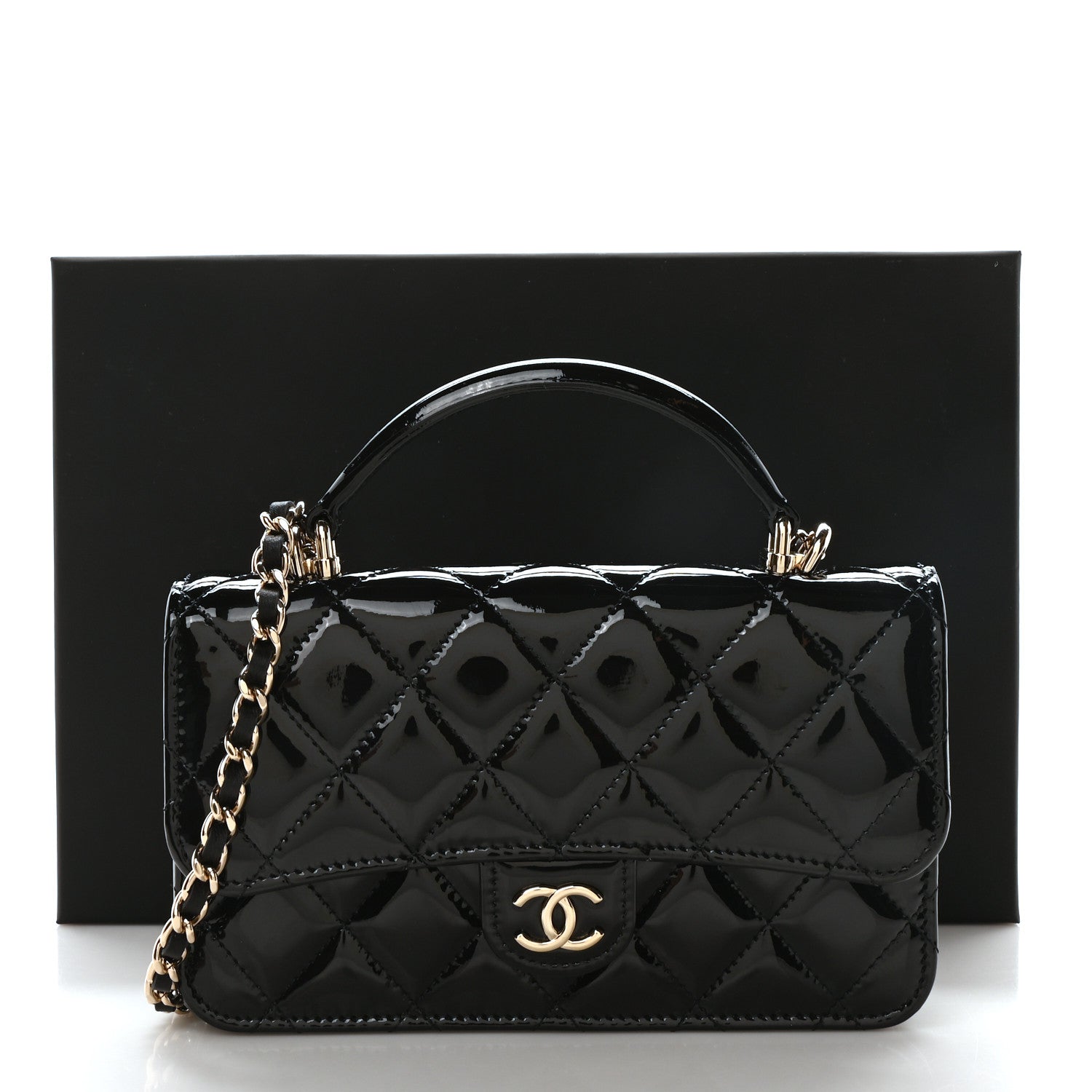 Chanel Patent Calfskin Quilted Flap Phone Holder With Chain Black 12 of 12