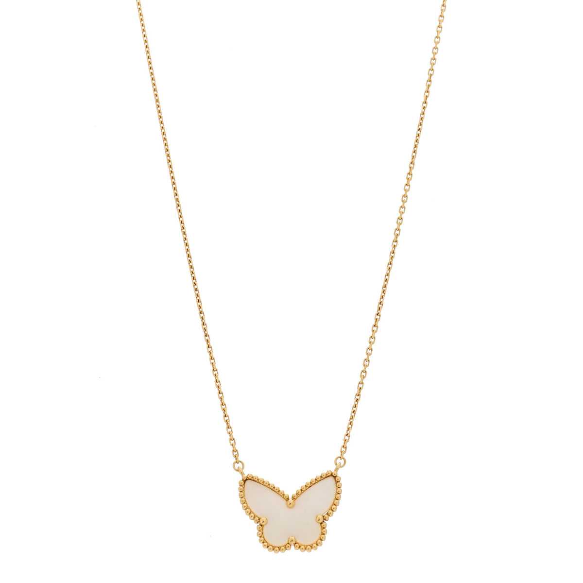 Van Cleef & Arpels 18k Yellow Gold Mother of Pearl Lucky Alhambra Butterfly Pendant Necklace 1 of 6