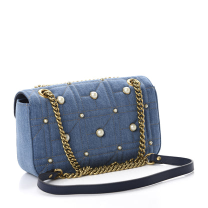 Gucci Denim Matelasse Pearl Studded Small GG Marmont Shoulder Bag Blue 3 of 10