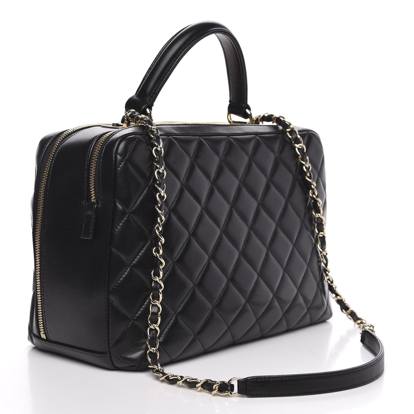 Lambskin Quilted Large Trendy CC Bowling Bag Black