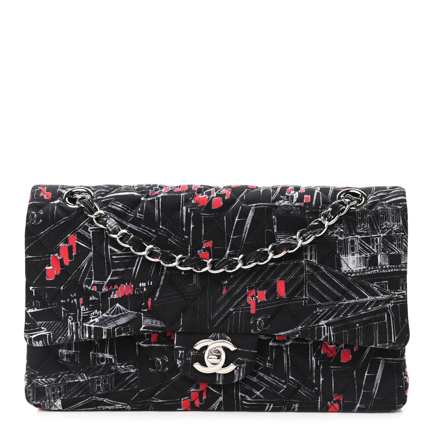 Fabric Printed Paris Rooftops Quilted Medium Double Flap Black Red White