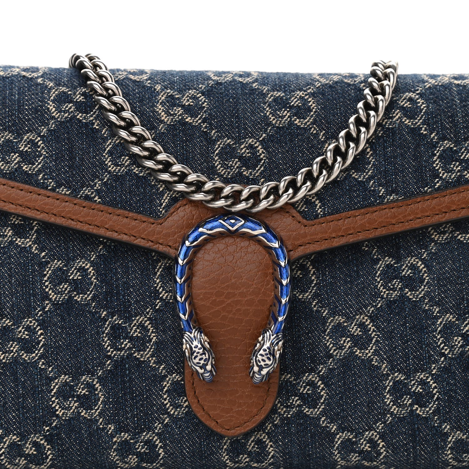 Gucci New Denim GG Monogram Dollar Calfskin Enamel Mini Dionysus Chain Wallet Blue Tea Cuir Epilog Electric Blue 8 of 10