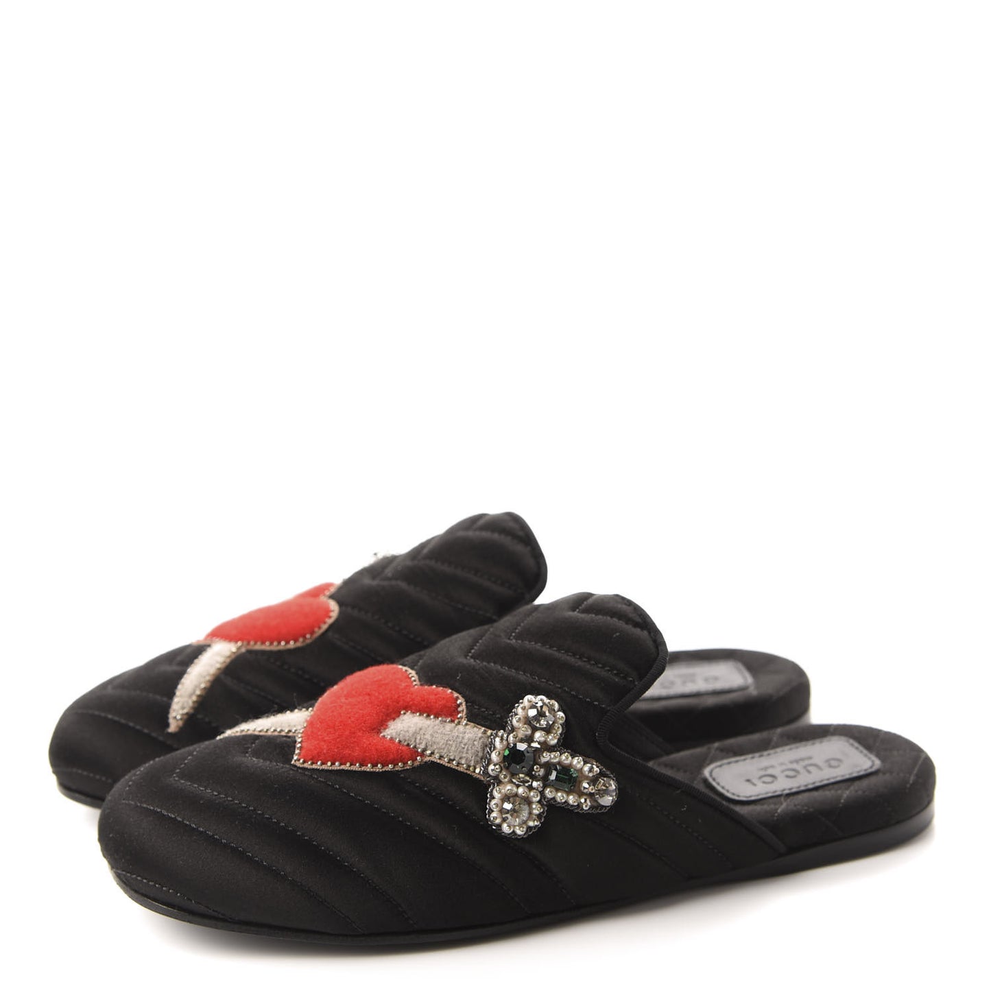 Satin Embroidered Heart and Dagger Slippers 36 Black