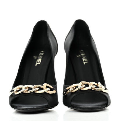 Chanel Nylon Lambskin Quilted Chain Peep Toe Pumps 41 Black 2 of 8