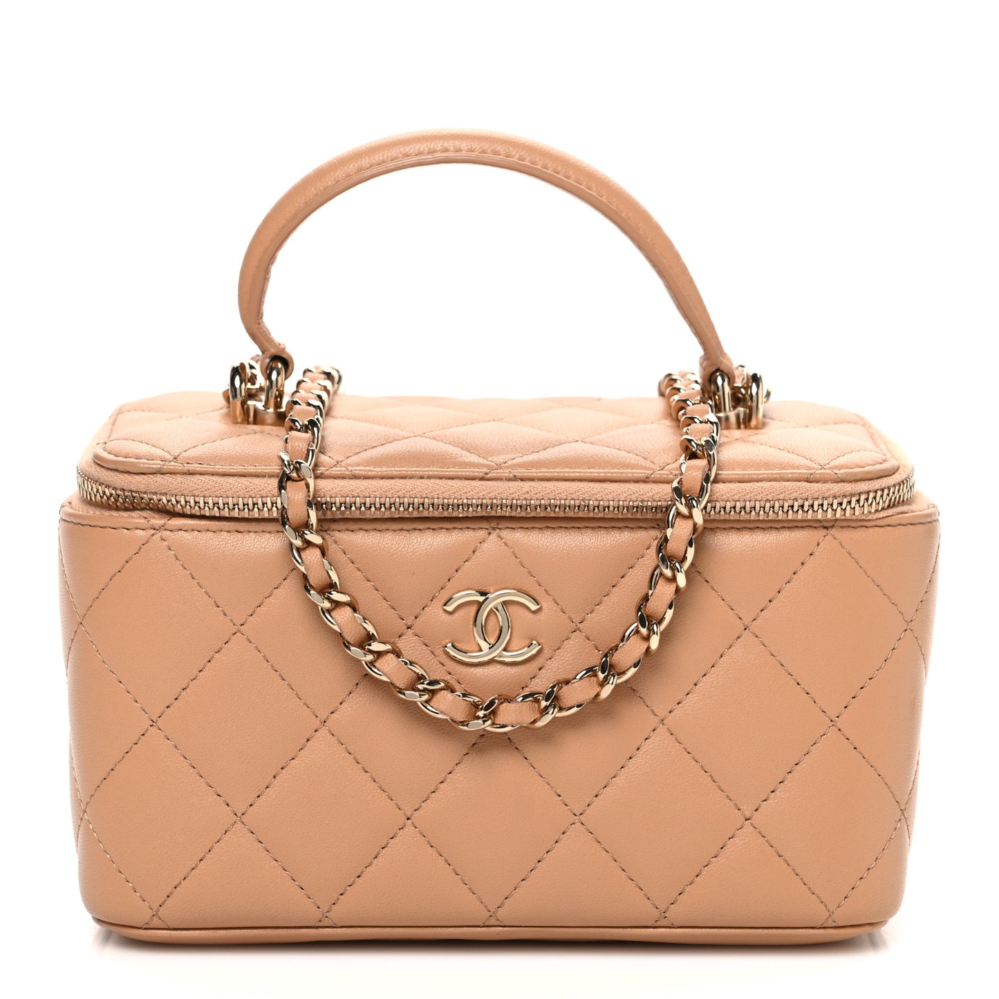 Lambskin Quilted Small Top Handle Vanity Case With Chain Beige