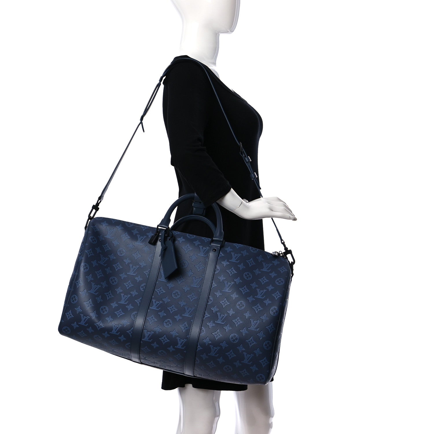 Louis Vuitton Calfskin Monogram Shadow Keepall Bandouliere 50 Navy 2 of 11