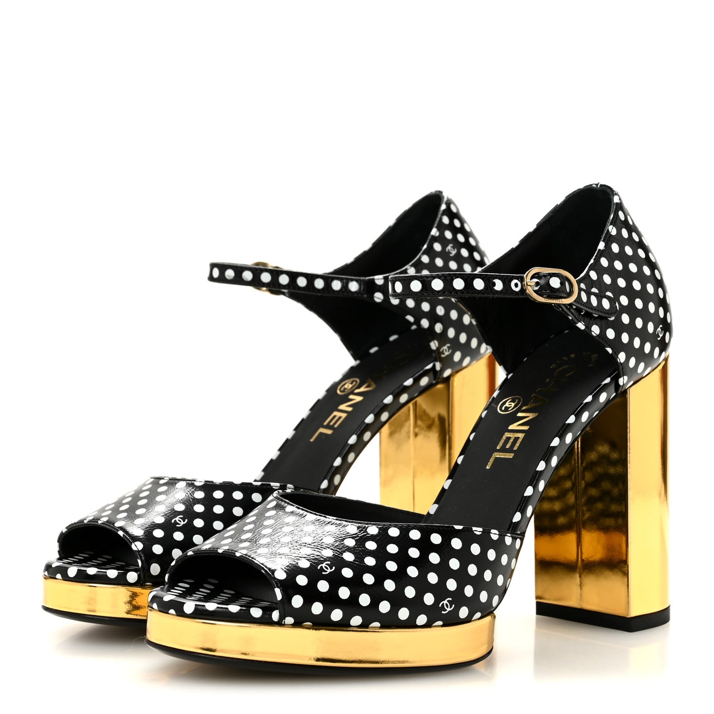 Printed Calfskin Polka Dot CC Platform Sandals 37 Black White