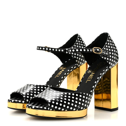 Chanel Printed Calfskin Polka Dot CC Platform Sandals 37 Black White 4 of 9