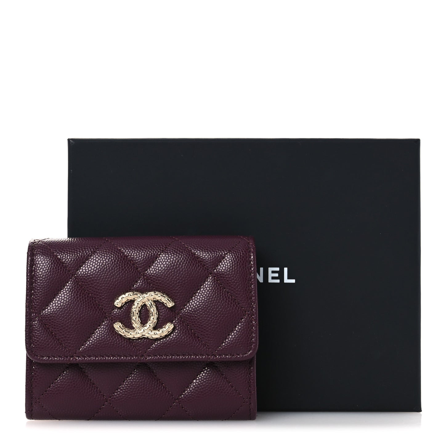 Caviar Quilted Chain CC Quilted Compact Flap Card Holder Dark Burgundy