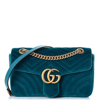 Gucci Velvet Matelasse Small GG Marmont Shoulder Bag Pavone Cyan 1 of 8