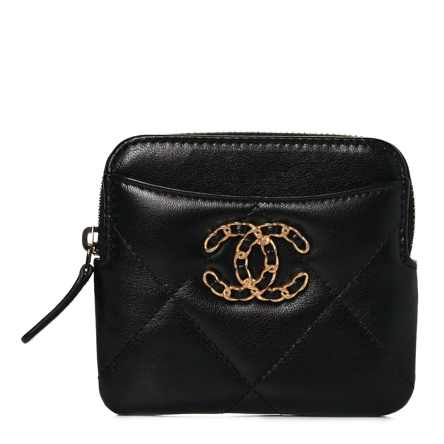 Lambskin Quilted Chanel 19 Zip Card Holder Wallet Black