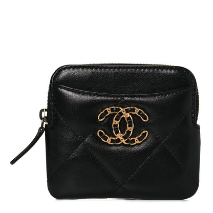 Chanel Lambskin Quilted Chanel 19 Zip Card Holder Wallet Black 1 of 10