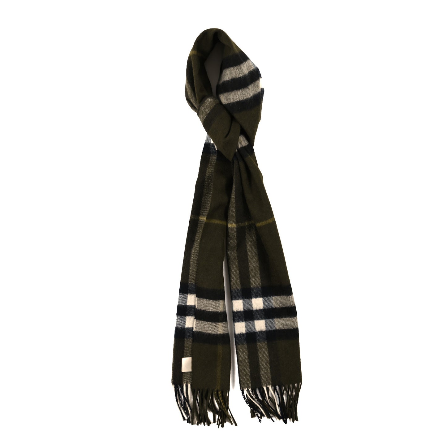 Cashmere Giant Check Fringe Scarf Olive Green