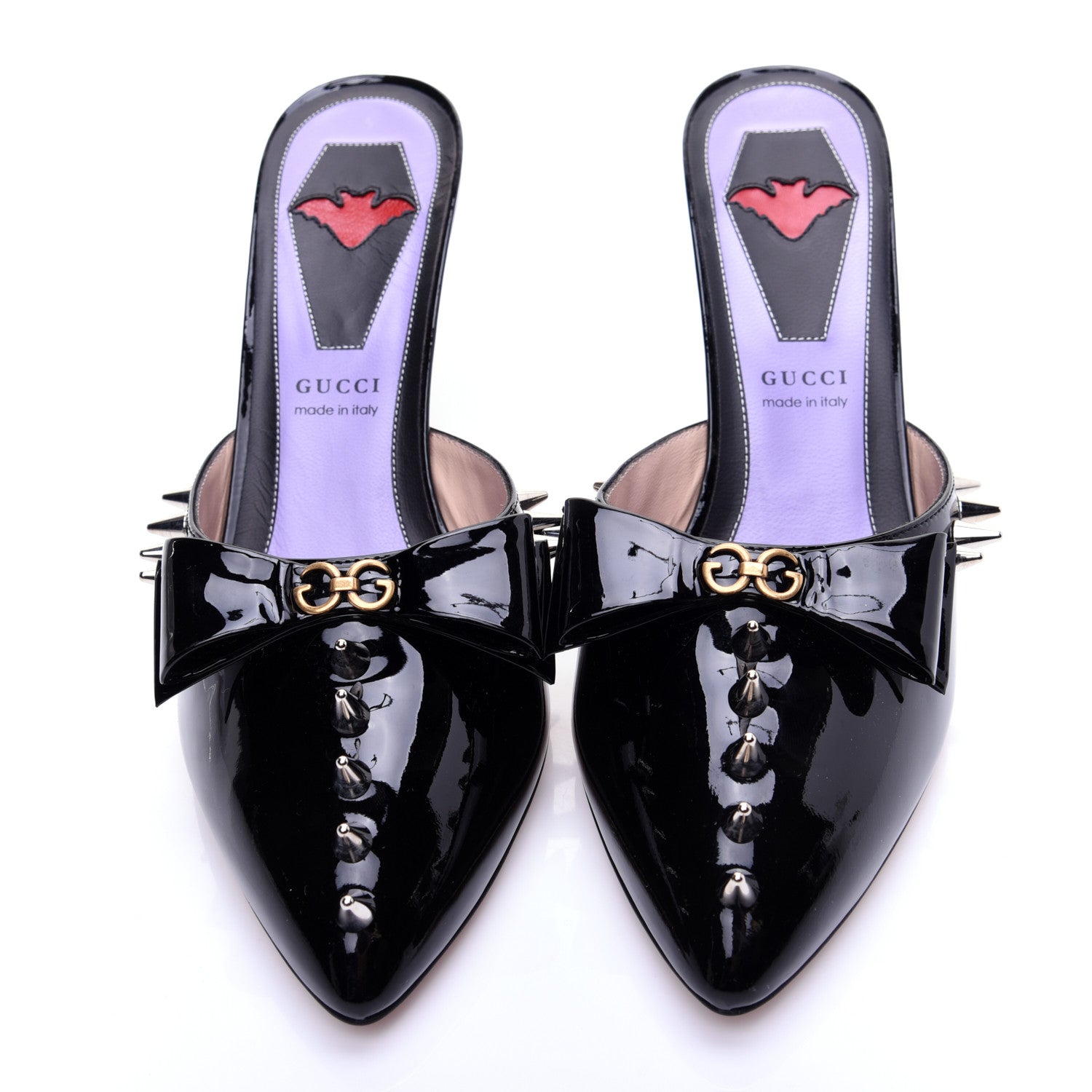 Gucci Patent GG Bow Sadie Spike Mid Heel Mules 38.5 Black 9 of 13